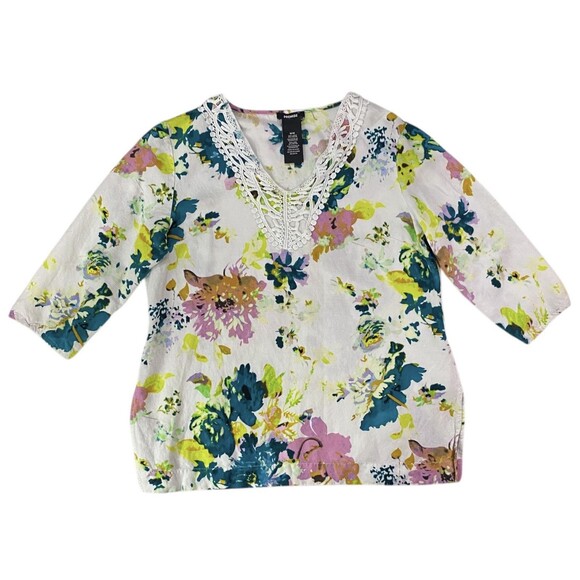 PREMISE Tunic Belize City Floral Print Crochet Detail Top Six Medium Linen Blend - Picture 2 of 9